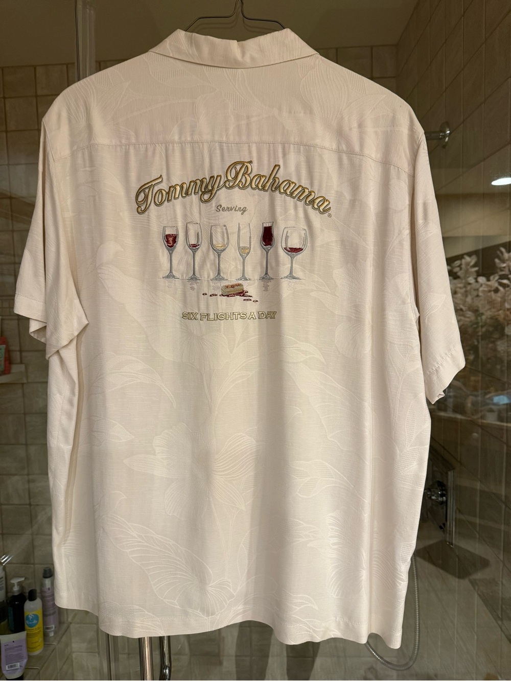 Tommy Bahama “Serving Six Flights A Day” Men’s Cream Embroidered Short Slv Shirt